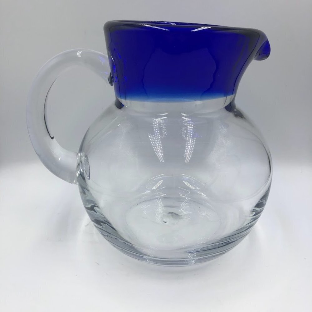Cobalt Blue Rim Handblown Glass Pitcher Heavy Beverage Drinkware Serveware